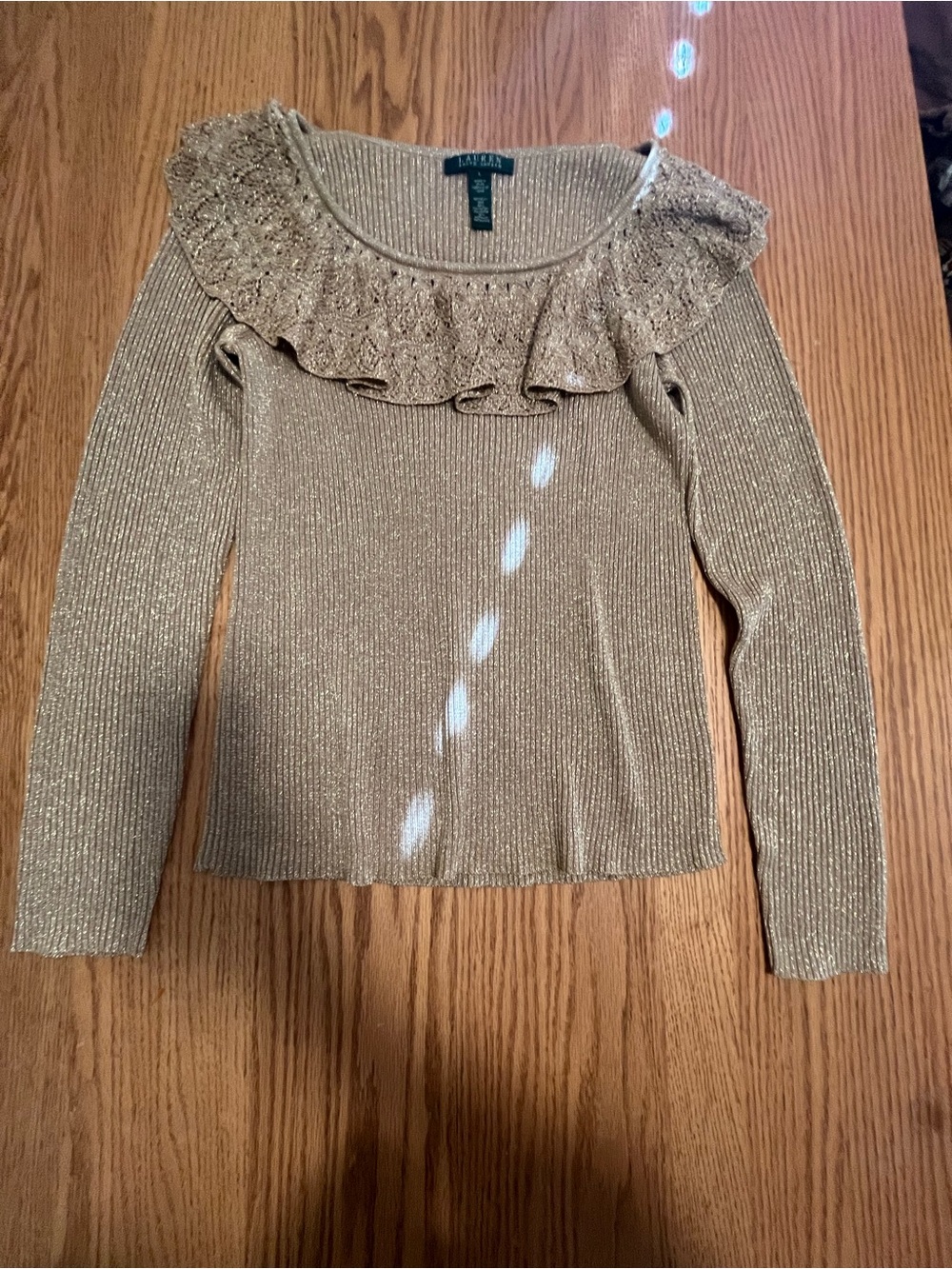 Lauren Ralph Lauren Sweater Women Large Silk Metallic Knit Crochet Ruffle Preppy
